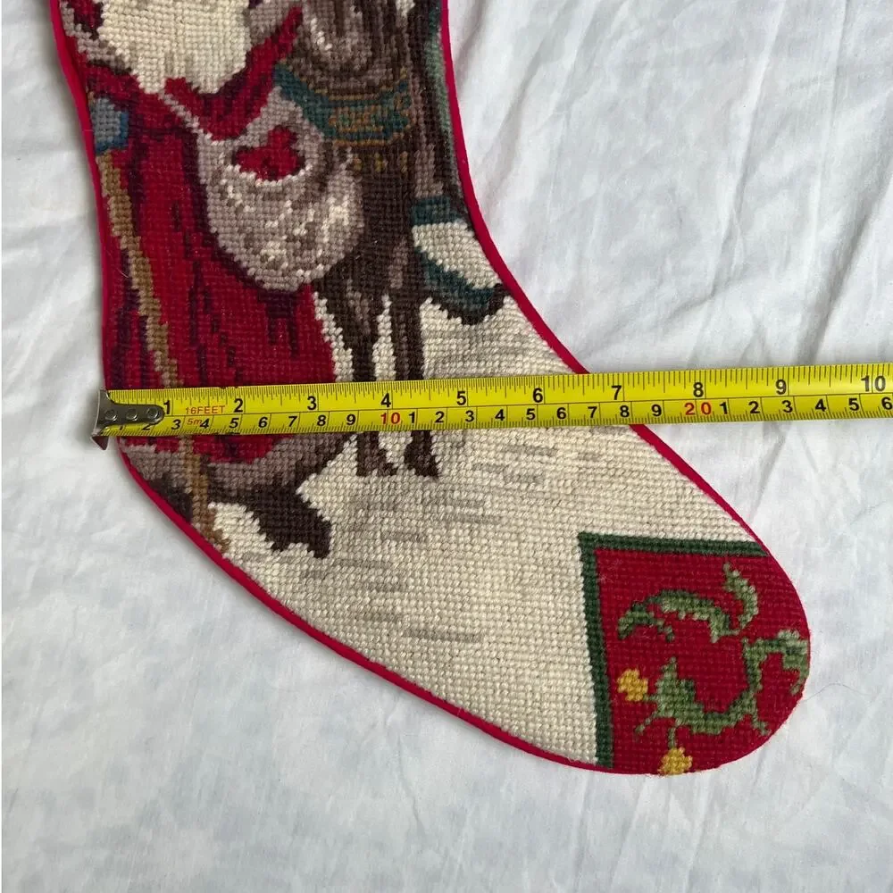 Vintage Wool Needlepoint Christmas Stocking 20” Olde Santa With Reindeer Lined